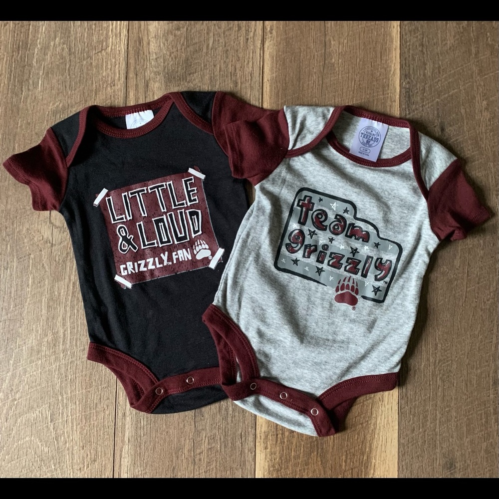 NWOT Two Sz 0-3 Mo Grizzly Fan Onesies
